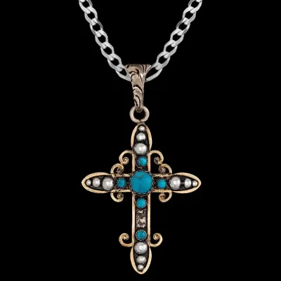 A custom bronze cross pendant necklace for men and women, western-inspired design. featuring turquoise stones and silver beads